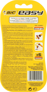 Tył żółtego opakowania maszynki BIC Easy, z logo, opisem zestawu: 1 uchwyt i 6 wymiennych wkładów.