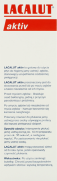 Opakowanie płynu do higieny jamy ustnej Lacalut aktiv, białe tło z czerwonym napisem i logo.