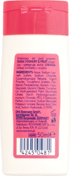 Tył białej butelki żelu pod prysznic Isana Yoghurt & Fruit, z różową etykietą i widoczną listą składników.