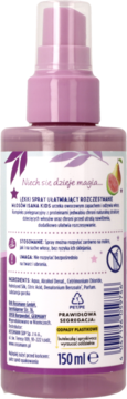 Tył fioletowej butelki Isana Kids sprayu ułatwiającego rozczesywanie włosów, widoczne informacje i 150ml.