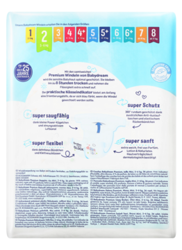 Tył opakowania pieluszek Babydream Mini 2 (3-6 kg, 36 szt.) z opisem cech i tabelą rozmiarów na białym tle.