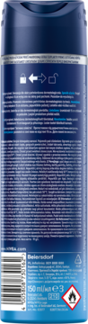 Tył ciemnoniebieskiego antyperspirantu NIVEA Men Fresh Active w sprayu 150ml, z kodem kreskowym i ikonami.