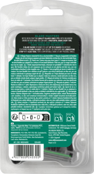 Tył opakowania jednorazowych maszynek Wilkinson Sword, 3 ostrza, z paskiem nawilżającym z aloesem.