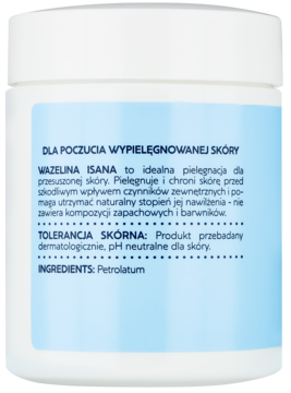Tył białego opakowania Isana Vaseline z niebieską etykietą, widoczne informacje o pielęgnacji przesuszonej skóry i składzie.