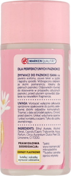 Tył różowej butelki zmywacza Isana bez acetonu, z widoczną etykietą, składem i instrukcjami.
