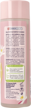 Tył różowej butelki zmywacza do paznokci ISANA 200ml z etykietą, tekstem PL, logo marki i białymi kwiatami.