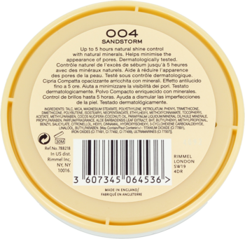 Rimmel Stay Matte puder Sandstorm, spód okrągłego opakowania z etykietą, kodem kreskowym i tekstem.