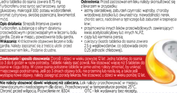 Ulotka leku Strepsils Intensive na gardło z tekstem o dawkowaniu, ostrzeżeniach i pomarańczowym logo z kroplą.