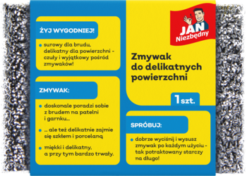 Niebiesko-żółta etykieta: Zmywak do delikatnych powierzchni Jan Niezbędny, opis cech, logo firmy.