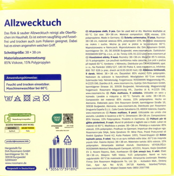 Tył żółtego opakowania ściereczki uniwersalnej Flink & Sauber 38x38 cm, z niemieckimi instrukcjami użytkowania.