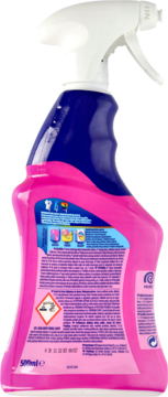Różowy odplamiacz Vanish Oxi Action w sprayu 500ml, widok z tyłu z niebieską etykietą i symbolami.