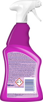 Różowa butelka Vanish Oxi Action spray 500 ml, tył z etykietą, kodem kreskowym i ostrzeżeniami.