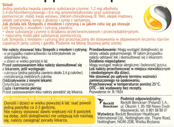 Ulotka Strepsils Miód i Cytryna, biała z polskim tekstem i żółto-białym logo w prawym rogu.