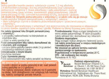 Ulotka leku Strepsils pomarańcza z witaminą C, biała, z logo i polskim tekstem o zastosowaniu i dawkowaniu.