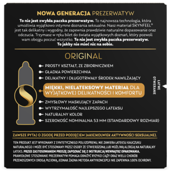 Ciemny panel produktu prezerwatyw SKYN Original, opisujący nowy nielateksowy materiał i rozmiar 53mm, z logo 'S'.