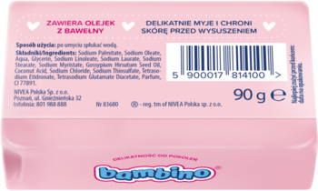 Różowe mydło Bambino w kostce 90g, tył opakowania z listą składników, informacją o olejku bawełnianym i kodem kreskowym.