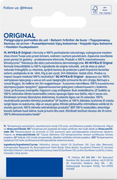 Tył niebieskiego opakowania balsamu Nivea Original, z informacjami o pielęgnacji, składnikami i symbolami recyklingu.