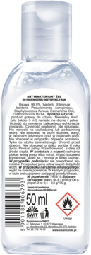 Tylna strona przezroczystej butelki antybakteryjnego żelu 50 ml, z białą etykietą, kodem kreskowym i symbolem ognia.