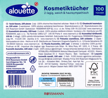 Tył opakowania chusteczek Alouette 2-warstwowych, 100 sztuk, z opisem produktu i kodem EAN.