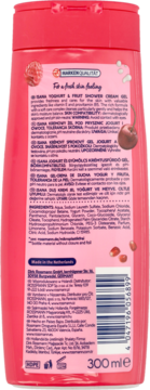 Isana Yoghurt & Fruit Shower Cream Gel 300ml, tył różowej butelki z opisem, składem i kodem kreskowym.