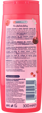 Różowy kremowy żel pod prysznic Isana Yoghurt & Fruit, tył opakowania ze składem i kodem EAN.