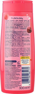 Tył różowego żelu pod prysznic Isana Yoghurt&Fruit 300ml z etykietą, składem i kodem kreskowym.