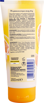 Tył tubki peelingu pod prysznic ISANA Grapefruit Love 200ml, widoczny skład i opis produktu po polsku.
