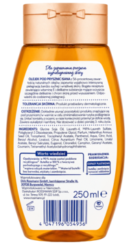 Tył pomarańczowej butelki Isana olejku pod prysznic z naturalnymi olejami, 250ml, ze złotą nakrętką.