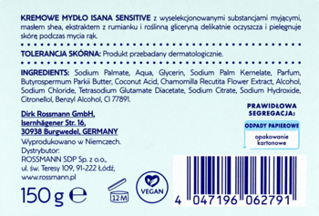 Tył opakowania kremowego mydła Isana Sensitive 150g, jasnoniebieskie, widoczna lista składników, kod kreskowy i symbol vegan.