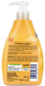 Tył pomarańczowej butelki kremowego mydła Isana Milk & Honey 500ml z pompką, widoczna lista składników.