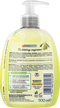 Tył butelki kremowego mydła ISANA Olive 500ml. Przezroczysta butelka z zieloną etykietą i szczegółowym składem.