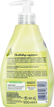 Tył butelki kremowego mydła ISANA Olive 500 ml z oliwnym motywem, widoczne składniki i kod kreskowy.