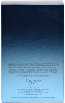 Tył opakowania perfum Calvin Klein Obsession Night for Men, ciemnoniebieskie, z listą składników i danymi producenta.
