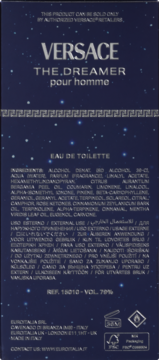 Granatowy tył opakowania Versace The Dreamer pour homme EDT dla mężczyzn, z listą składników i symbolami.