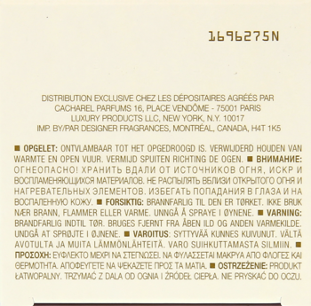 Tył opakowania wody toaletowej Cacharel Noa, z numerem 1696275N u góry. Widoczne ostrzeżenia.