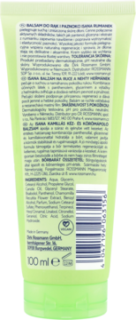 Tył zielonej tubki ISANA Rumiankowego kremu do rąk ze składnikami, kodem kreskowym i logo Vegan, 100 ml.