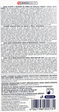Tył białego opakowania plastrów woskowych Isana do depilacji twarzy i bikini, z instrukcją i kodem.
