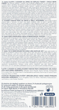 Tył opakowania plastrów do depilacji woskiem na zimno: 24 sztuki, z instrukcją użycia i kodem kreskowym.