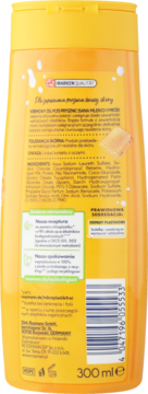 Tył żółtej butelki Isana Milk&Honey, kremowego żelu pod prysznic 300 ml. Etykieta ze składem dla suchej skóry.