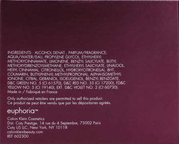 Tył bordowego opakowania perfum Calvin Klein Euphoria, z białym tekstem: składniki i dane producenta.