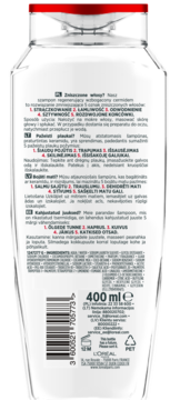 Tył szamponu Elseve Total Repair 5 do włosów zniszczonych, 400 ml. Widoczne szczegółowe opisy i składniki.