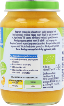 Tył szklanego słoiczka z organicznym daniem dla niemowląt dynia, ryż, kurczak. Widoczne szczegóły składu, bez soli i mleka.