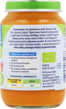 Tył szklanego słoiczka z ekologicznym przecierem dla niemowląt Rossmann, zielona nakrętka, tekst składu.