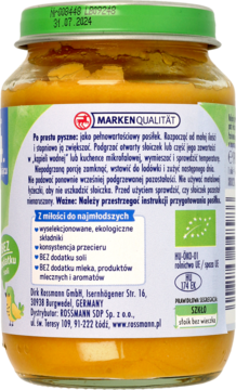 Tył słoiczka Rossmann z ekologicznym przecierem dla niemowląt, zielona etykieta, opis "Z miłości do najmłodszych", bez soli/mleka.
