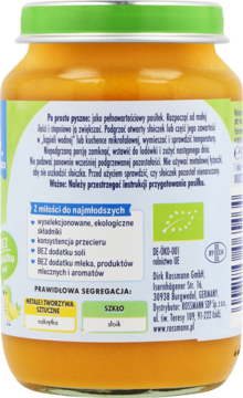 Tył słoiczka Rossmann z przecierem bananowym dla niemowląt, opis składników eko, bez soli i mleka.