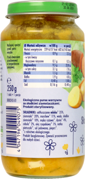 Tył słoika Babydream BIO Obiadek warzywny ze słodkim ziemniakiem 250g. Widoczna tabela i składniki, produkt bezglutenowy.