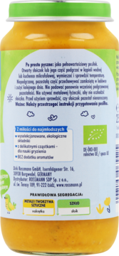 Tył szklanego słoiczka Babydream BIO Obiadek ze słodkim ziemniakiem z zieloną nakrętką, widoczne instrukcje i logo BIO.