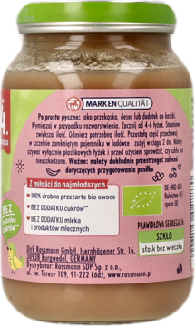Słoiczek Babydream jabłka z bananami i wiśniami, widok z tyłu z różową etykietą i tekstem o składzie bio.