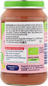 Tył szklanego słoiczka Babydream jabłka, banany, wiśnie (po 4. mies.), bio, bez cukru, zielona nakrętka, etykieta.