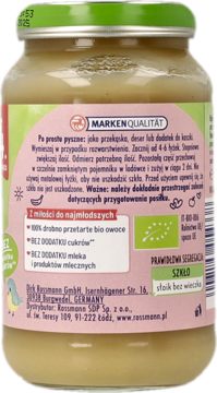 Tył szklanego słoiczka Rossmann z musu owocowego dla niemowląt, etykieta 'MARKEN QUALITÄT', bio owoce, bez cukru.